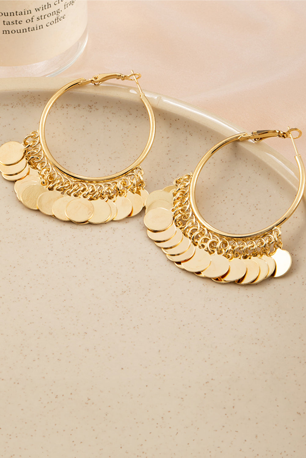 Gold Disc Tasseled Hoop Earrings