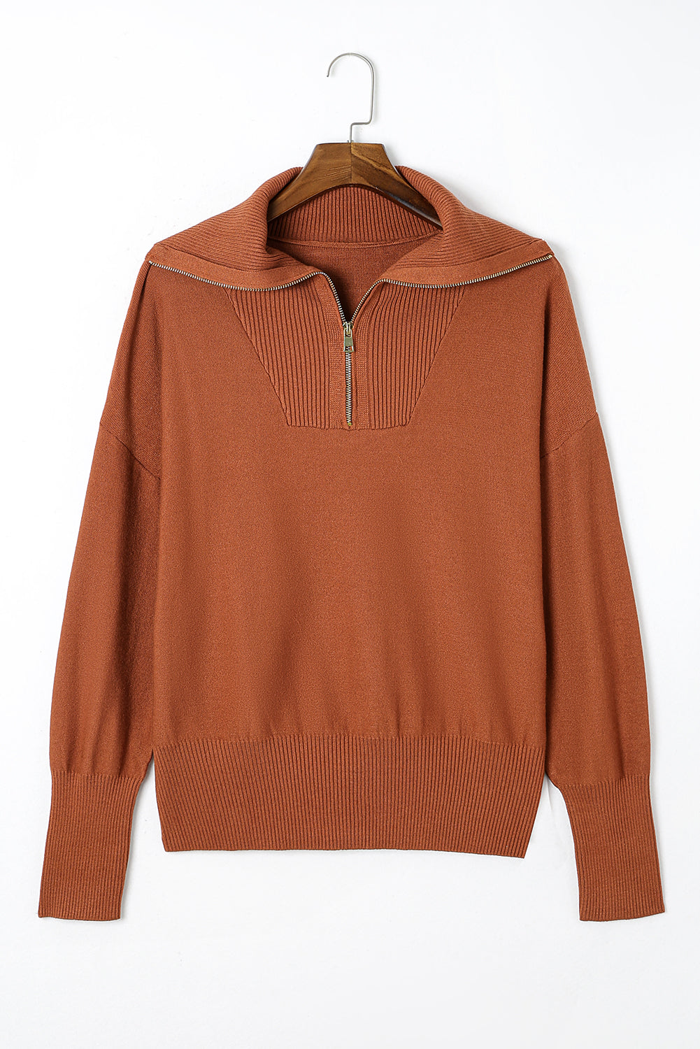 Brown Plus Size Zip Collar Sweater