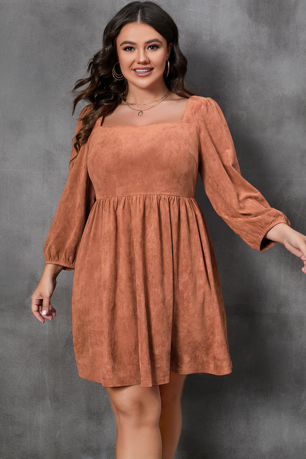 Chestnut Plus Size Suede Balloon Sleeve Dress