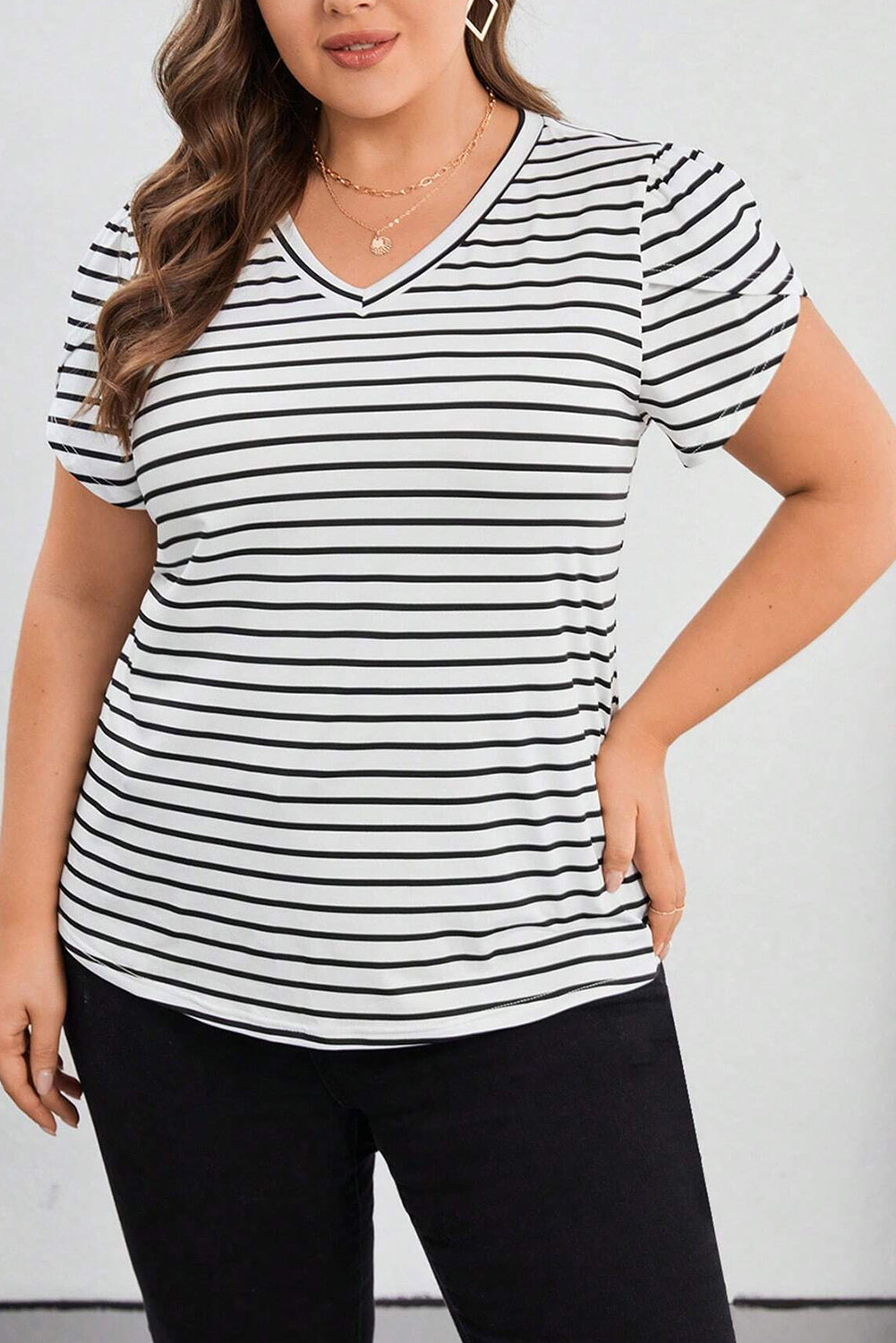 White Stripe V Neck Petal Sleeve Plus Size T-Shirt