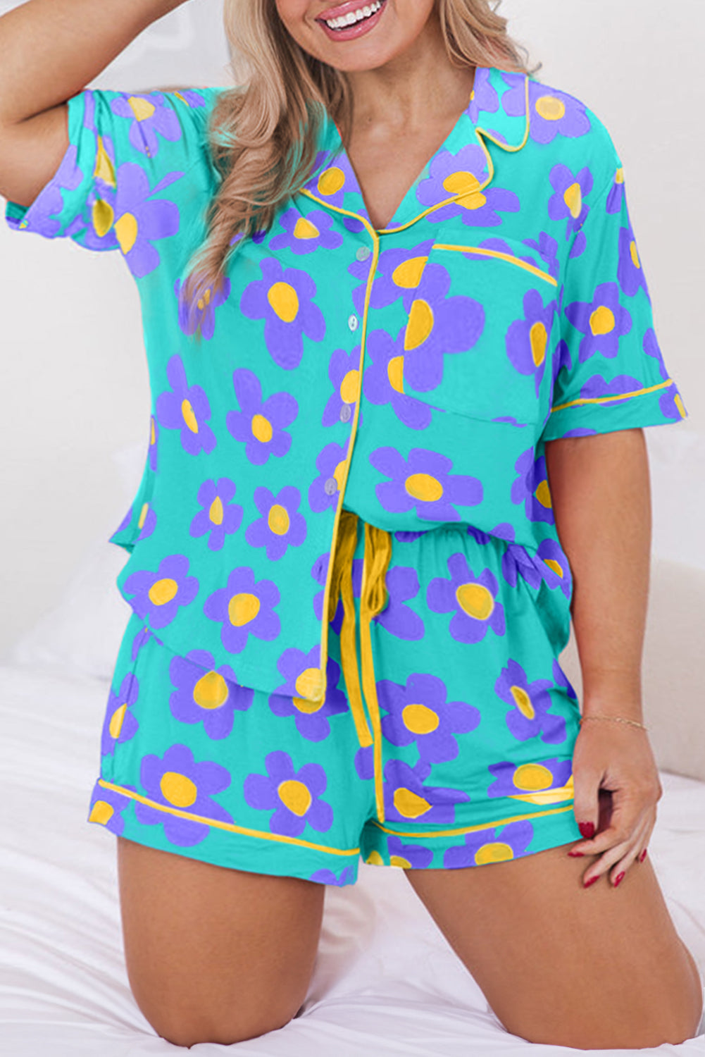 Sky Blue Flower Print Plus Size Short PJ Set