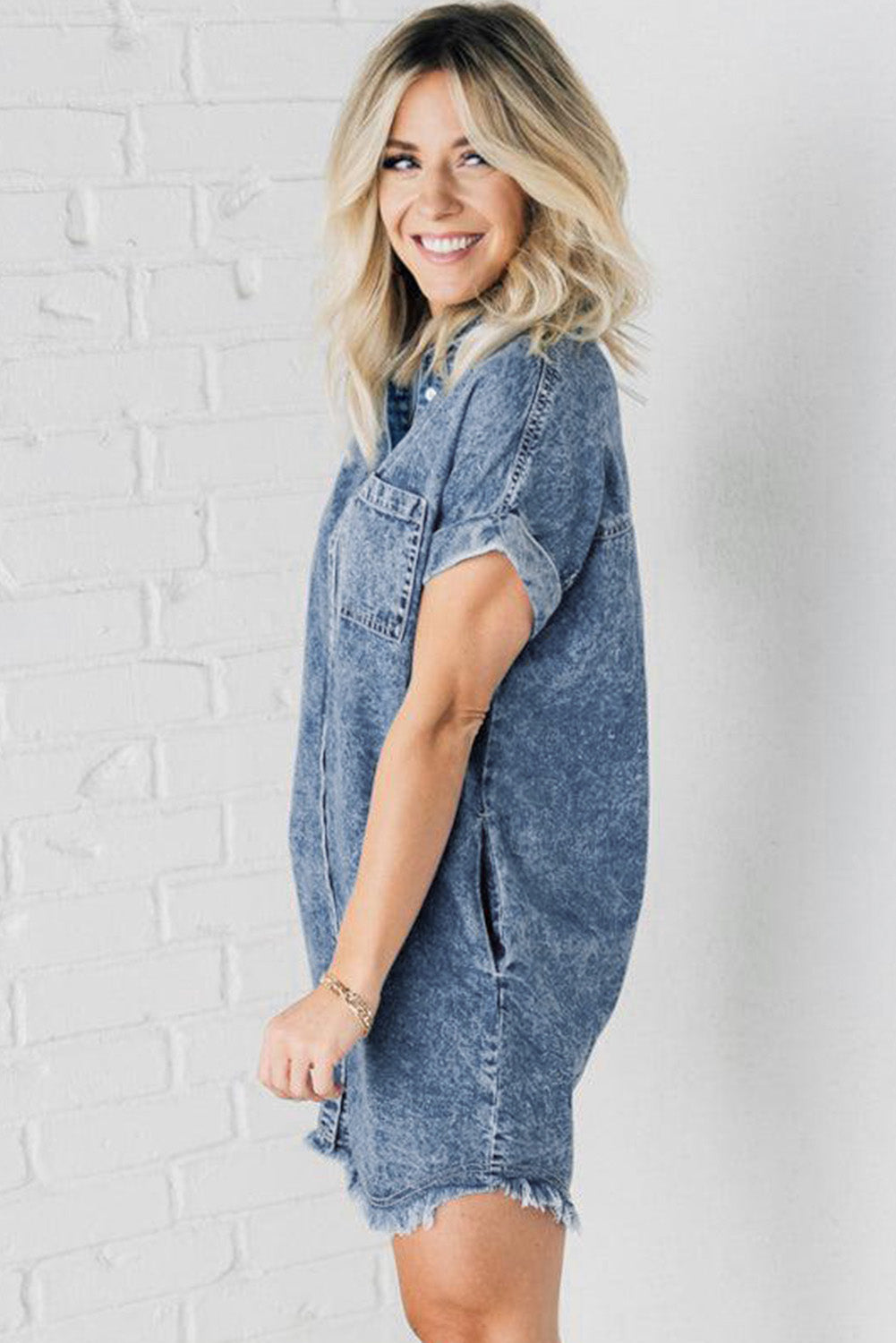 Blue Mineral Wash Frayed Hem Denim Dress