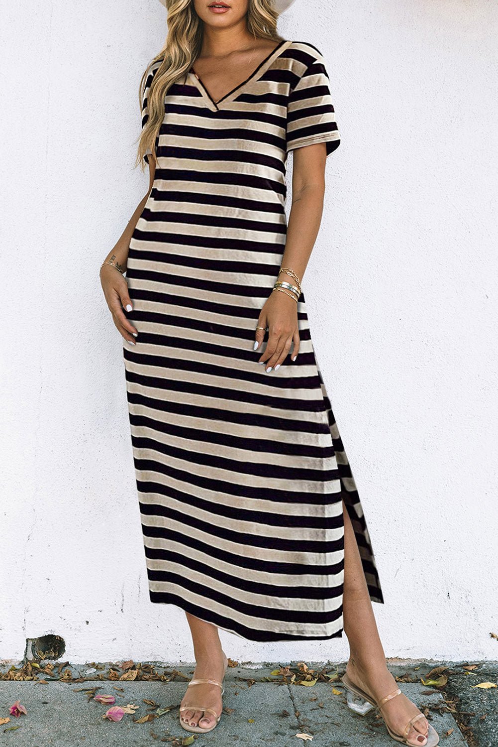 Black Stripe Print Maxi Dress with Side Splits