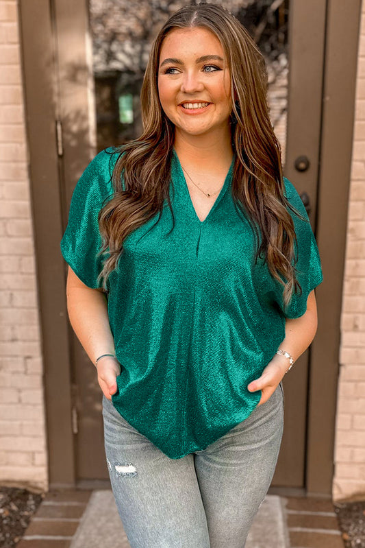 Skobeloff Metallic Look V Neck Plus Size Tee