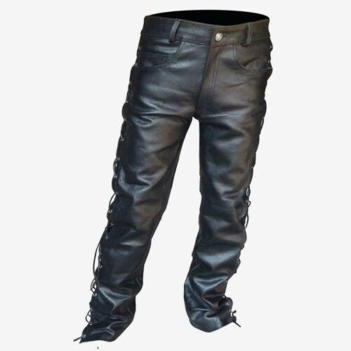 Men Solid Color PU Strap Casual Leather Pants