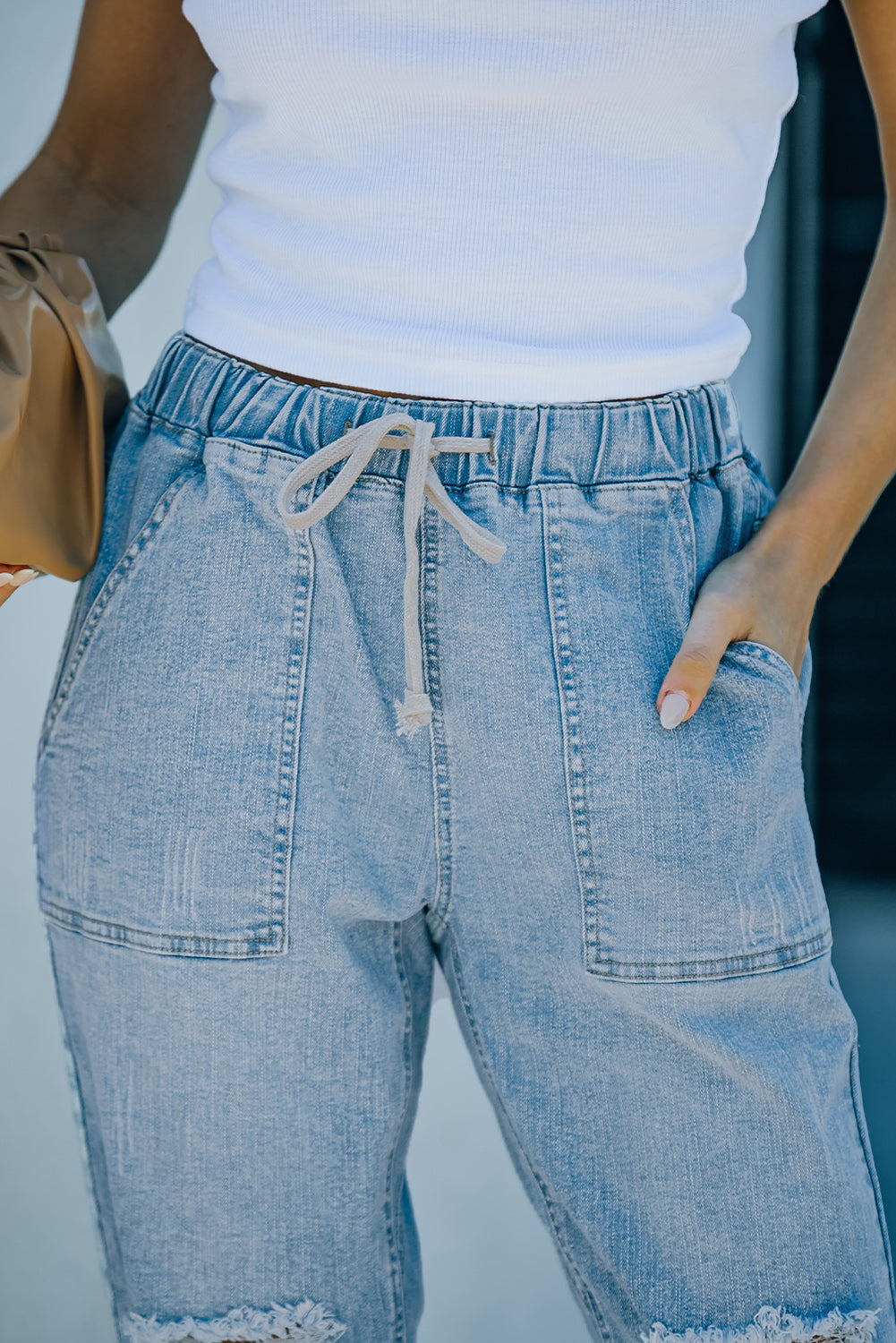 Sky Blue Distressed Pocketed Denim Jogger