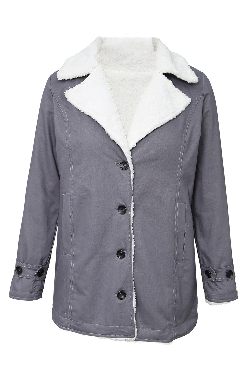 Gray Lapel Collar Fleece Jacket(Plus Size Available)