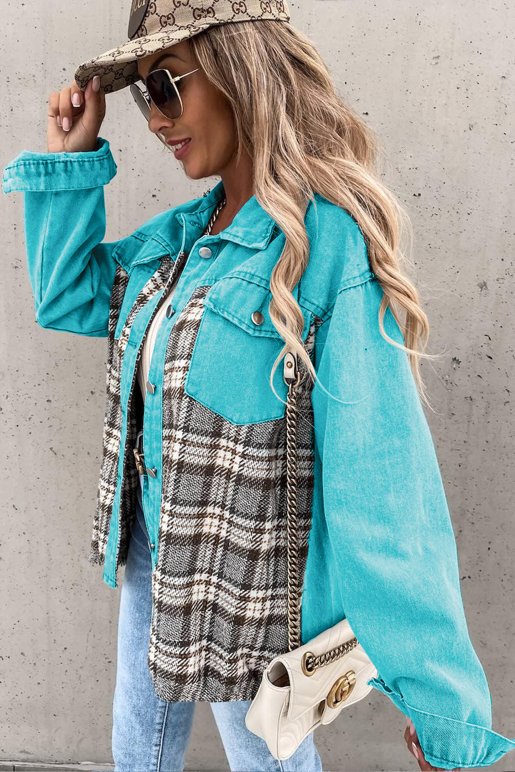 Loose Fit Sky Blue Plaid Patchwork Denim Jacket