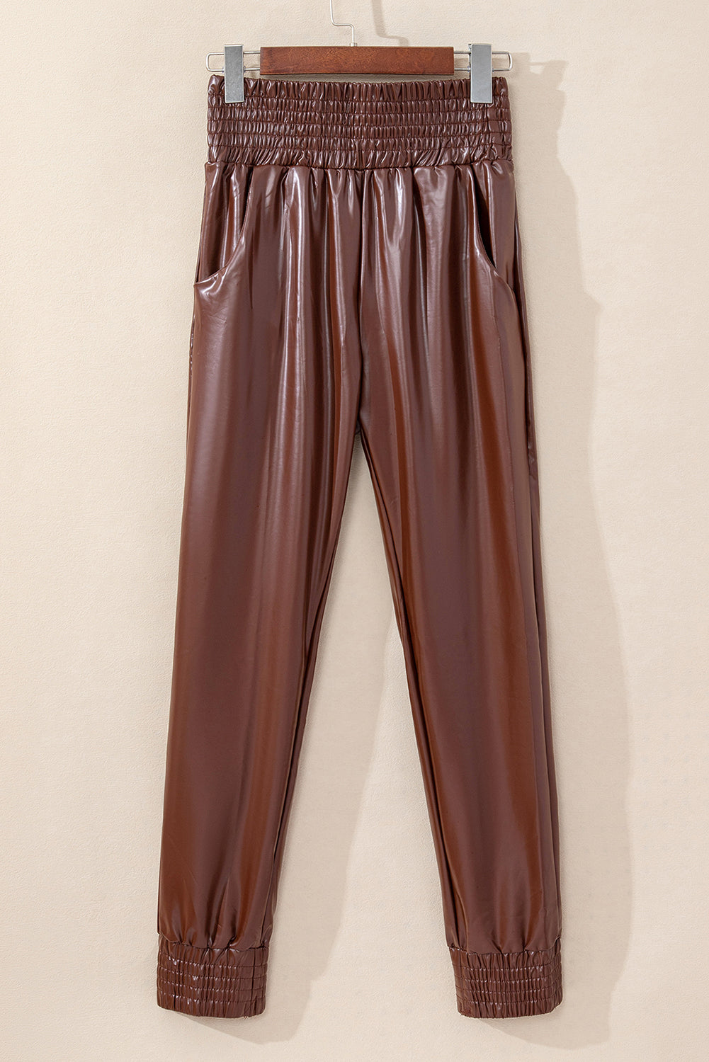 Brown Smocked High Waist Leather PU Skinny Pants