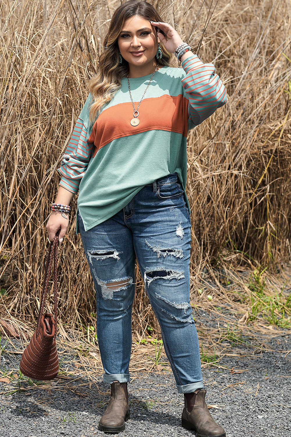 Green Plus Size Striped Colorblock Tee with Slits