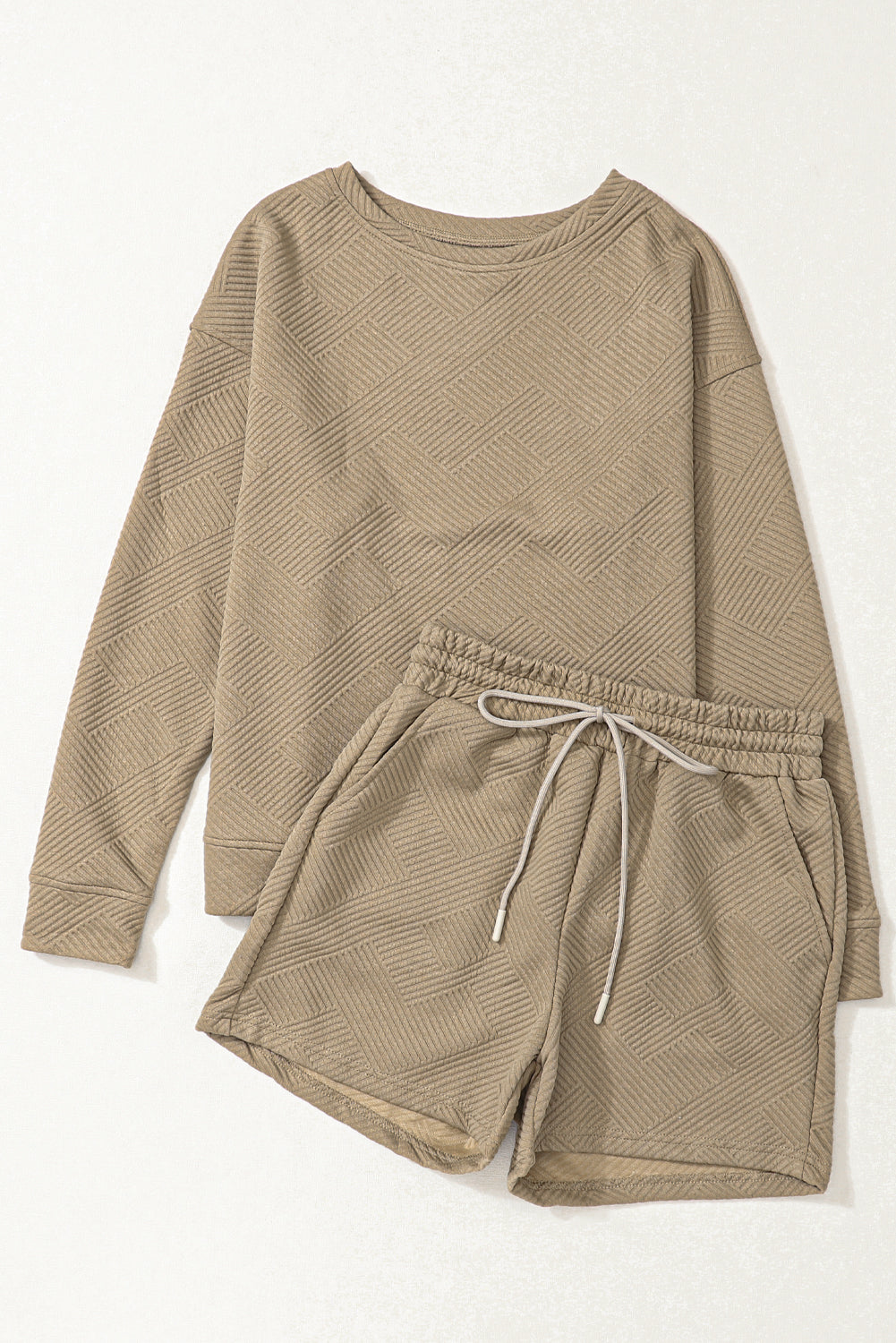 Green Textured Long Sleeve Top and Drawstring Shorts Set