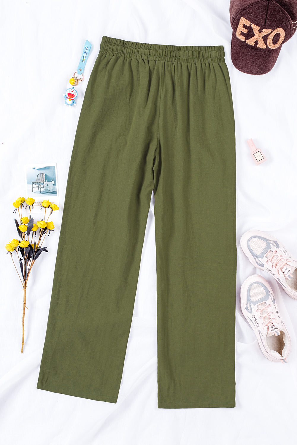 Green Drawstring Elastic Waist Straight Legs Pants