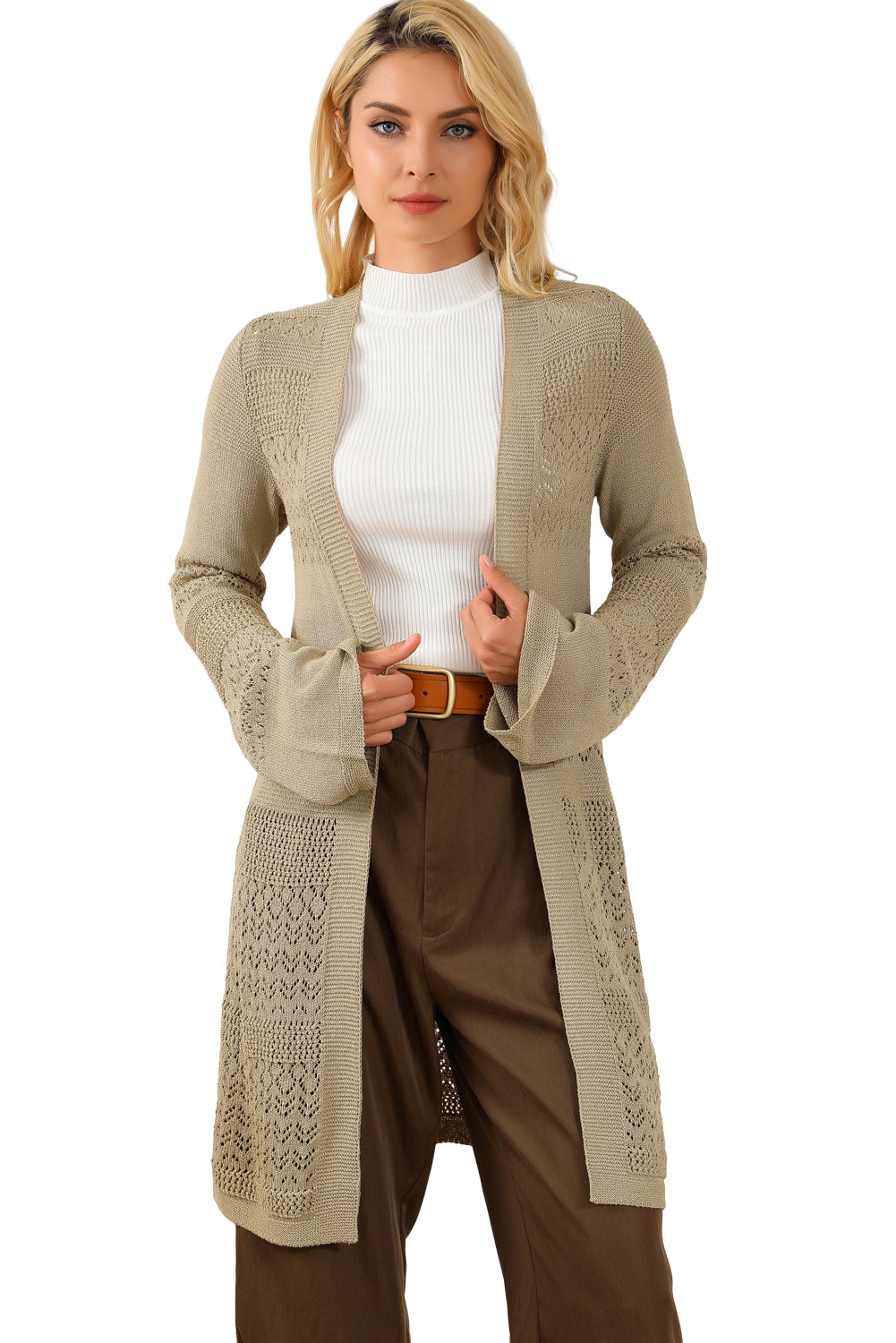 Pointelle Knit Open Front Cardigan