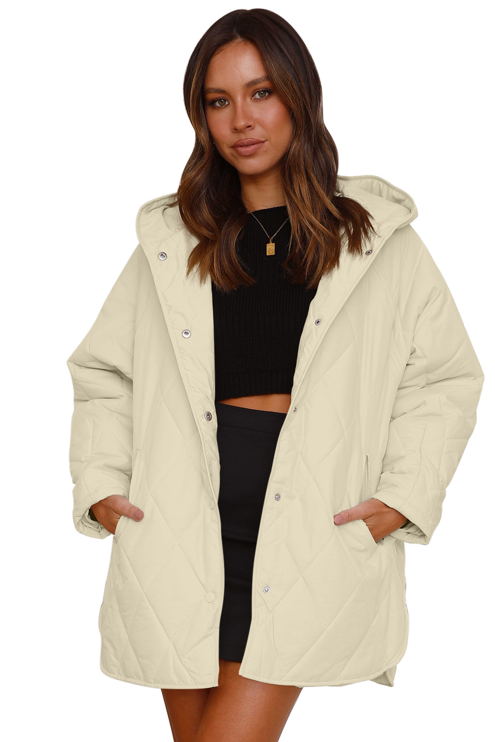 Beige Quilted Hooded Puffer Coat