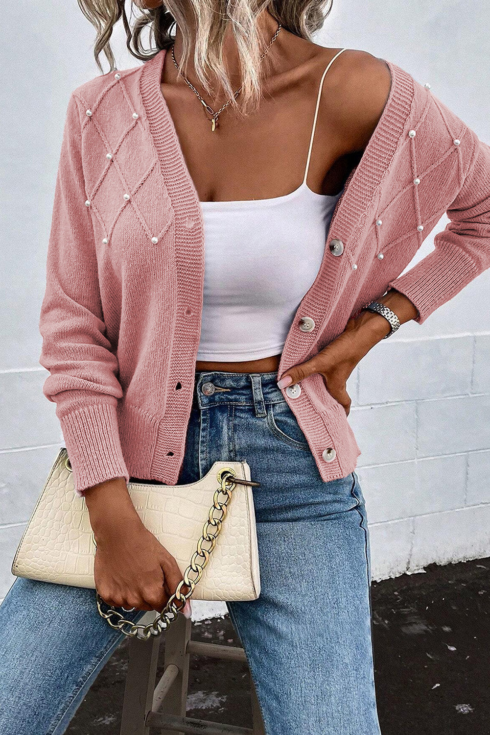 Knit Pearl Beaded Button Up Cardigan