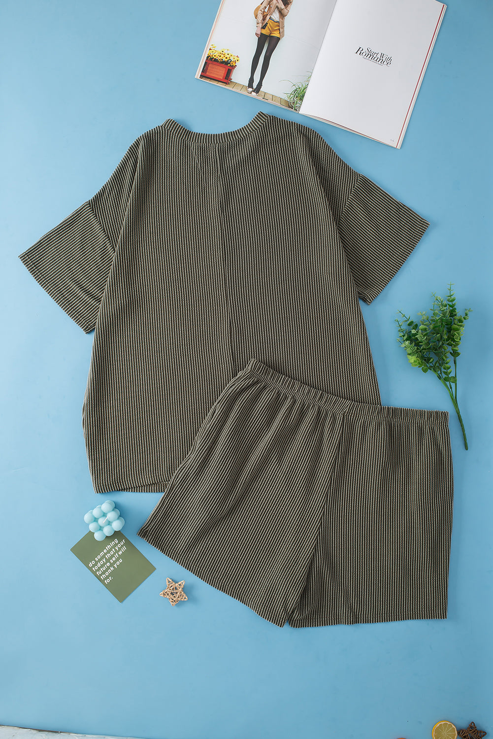 Moss Green Plus Size Rib Knit Shorts Set