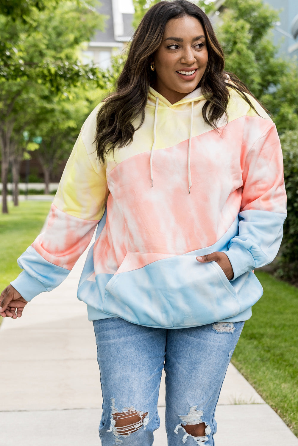 Multi Blue Kangaroo Pocket Plus Size Hoodie