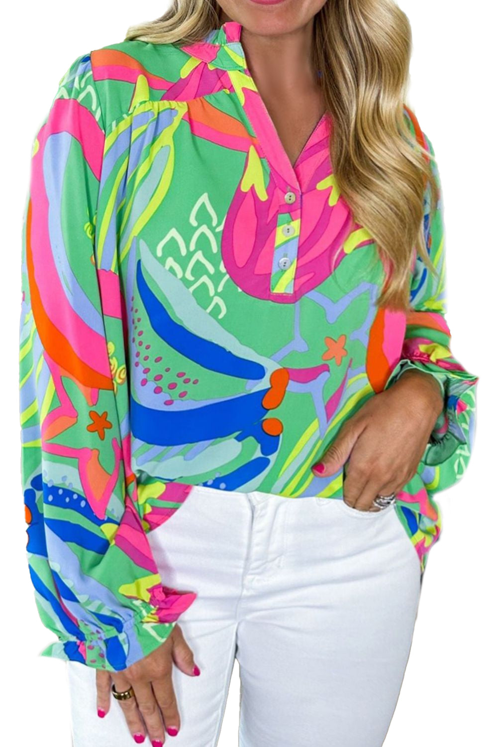 Green Plus Size Abstract Puff Sleeve Blouse