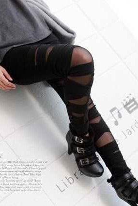 Black Sheer Mesh Criss Cross Straps Leggings (ONE SIZE)