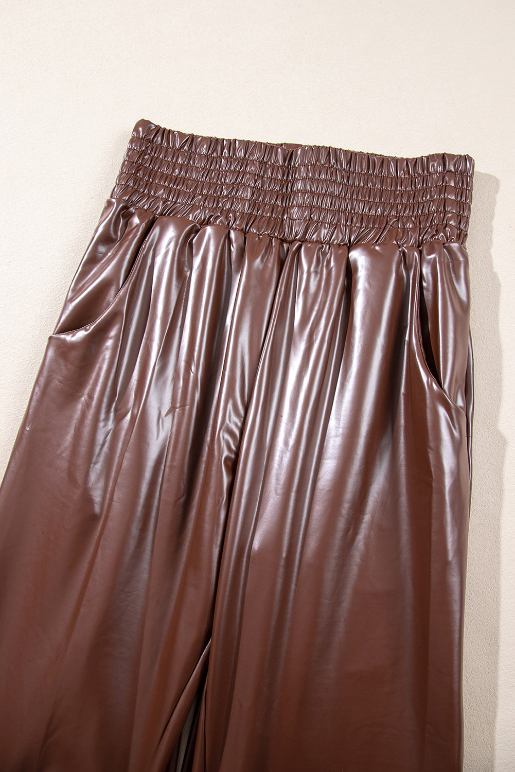 Brown Smocked High Waist Leather PU Skinny Pants