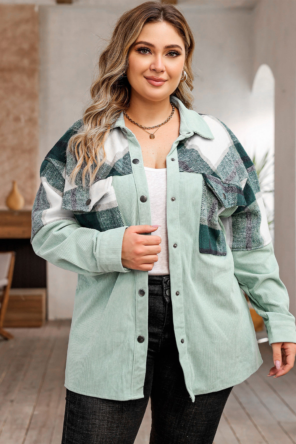 Black Plaid Patchwork Plus Size Corduroy jacket