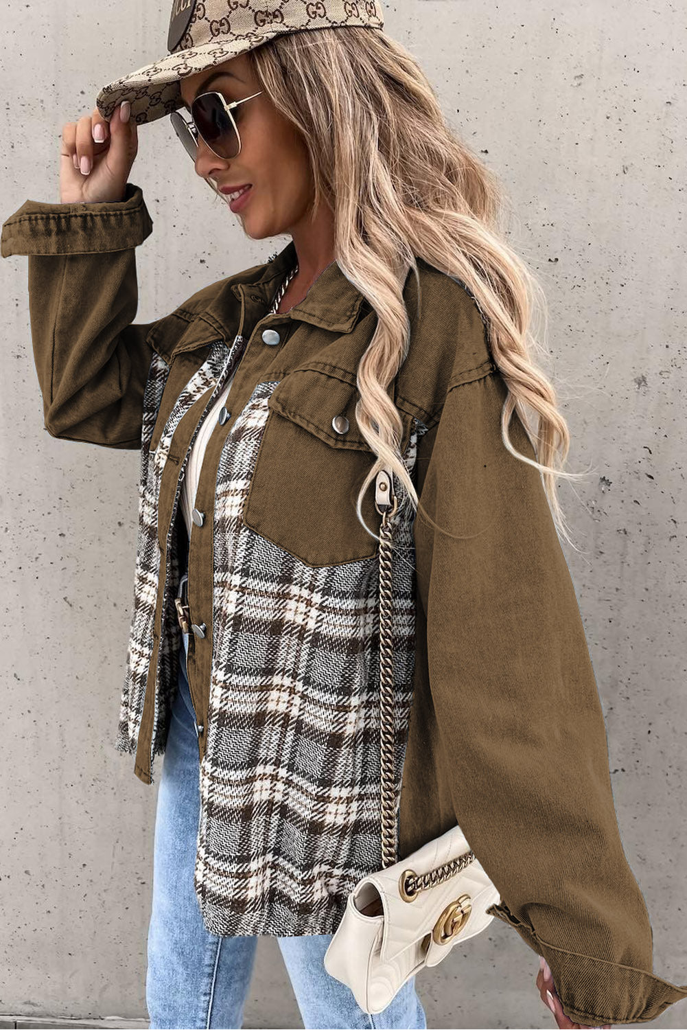 Loose Fit Sky Blue Plaid Patchwork Denim Jacket