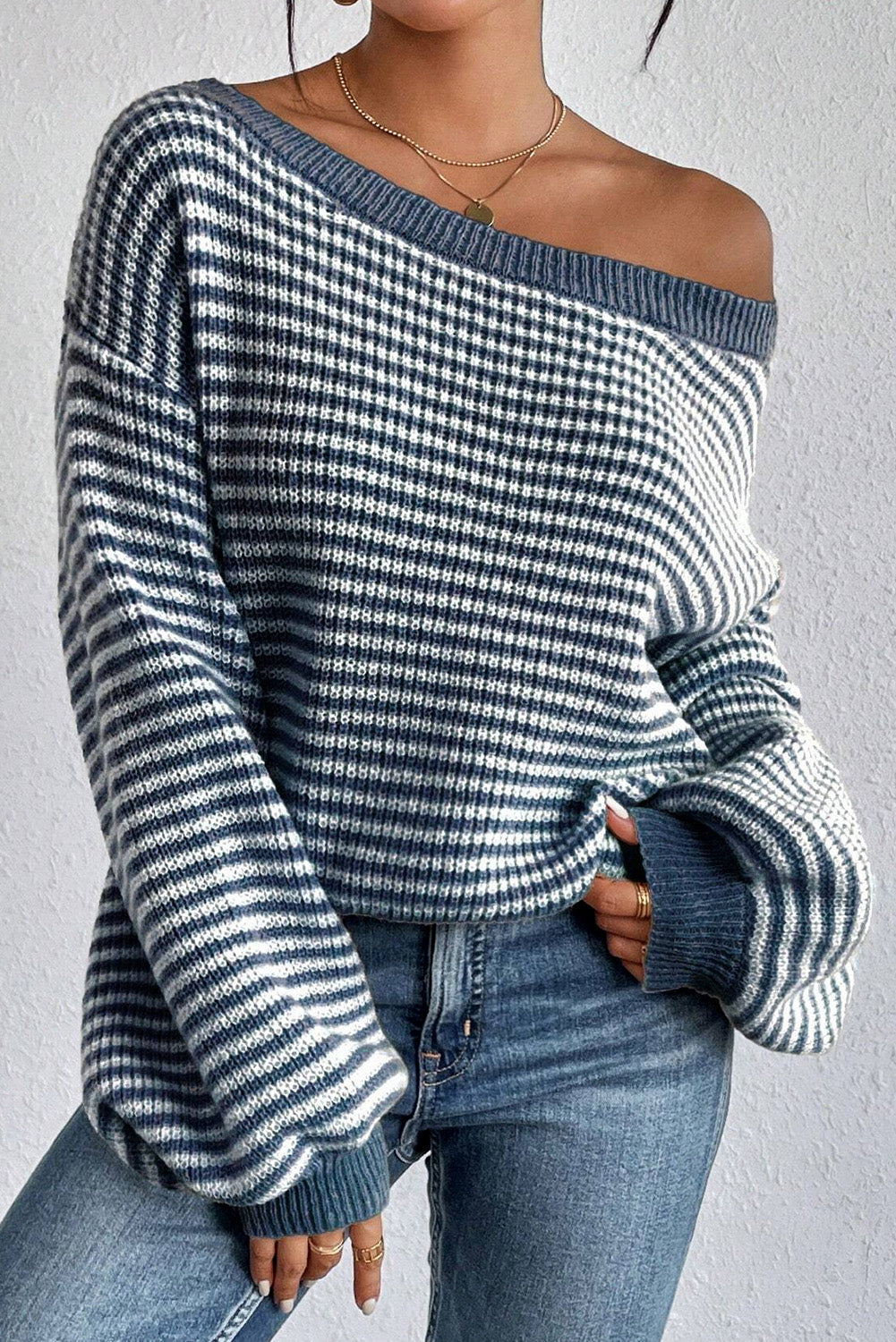 Sail Blue Striped Drop Shoulder Sweater