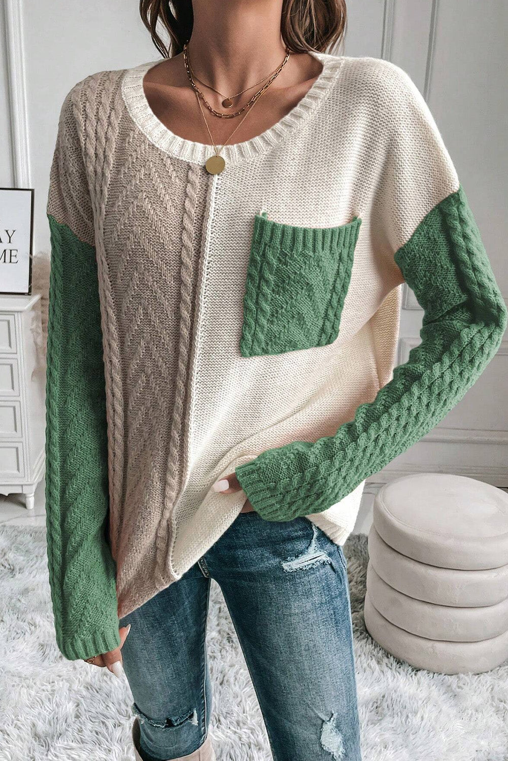 Green Colorblock Drop Shoulder Sweater