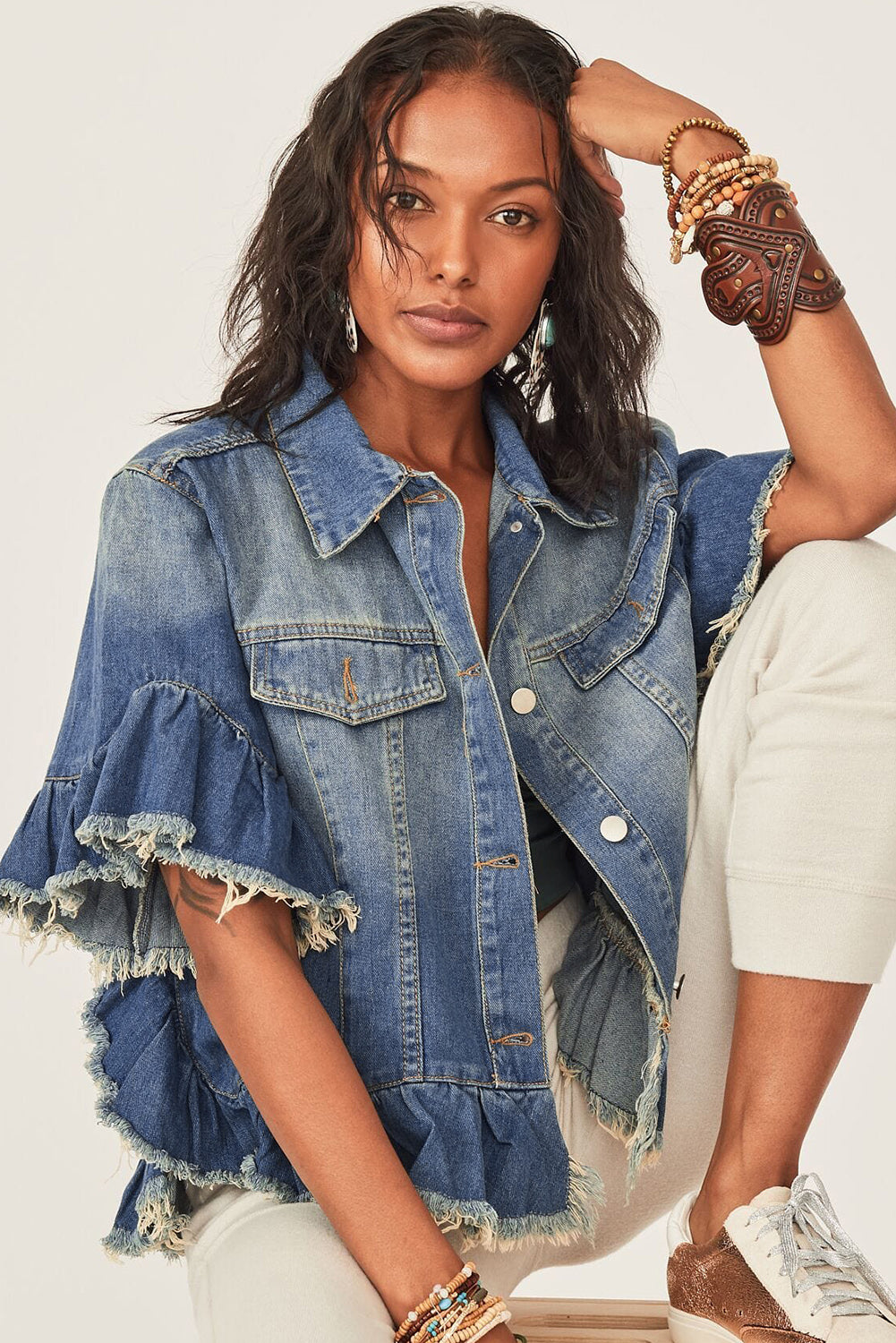 Black Raw Edge Ruffled Short Sleeve Denim Jacket