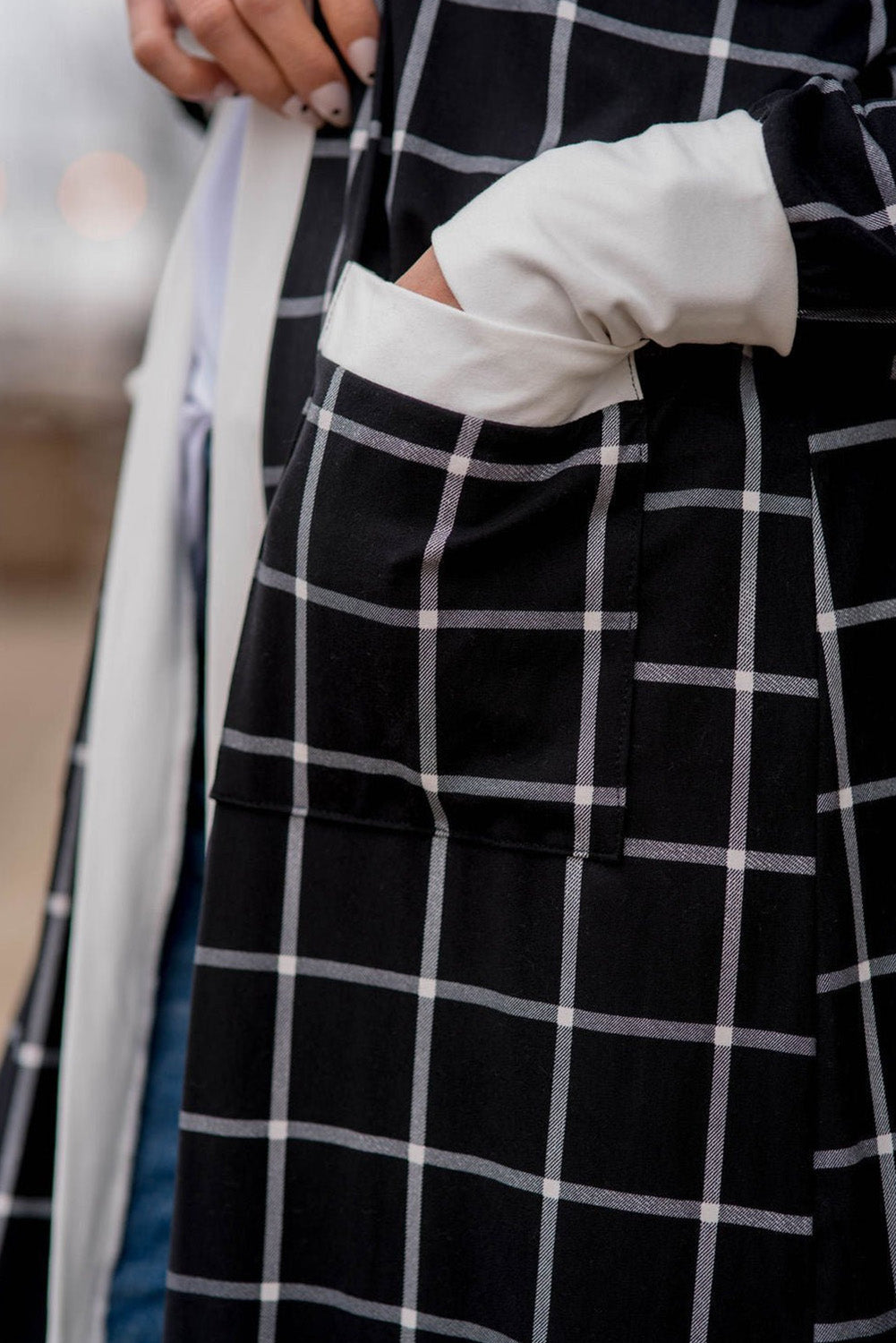 Black Plaid Open Cardigan with Pocket