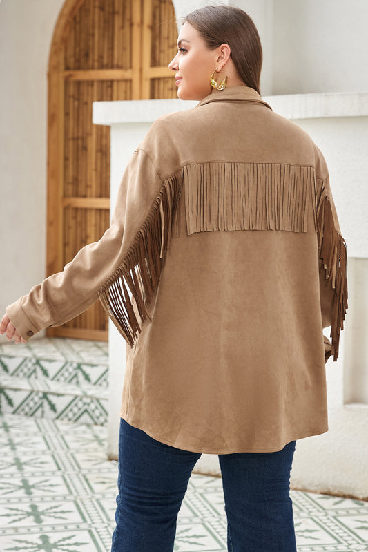 Khaki Fringe Plus Size Suede jacket