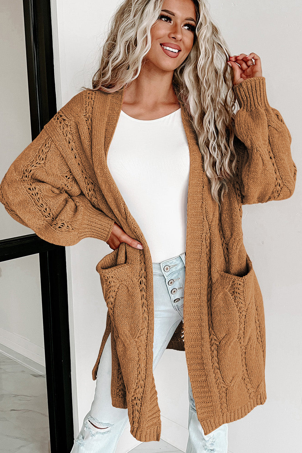 Ribbed Trim Cable Knit Cardigan