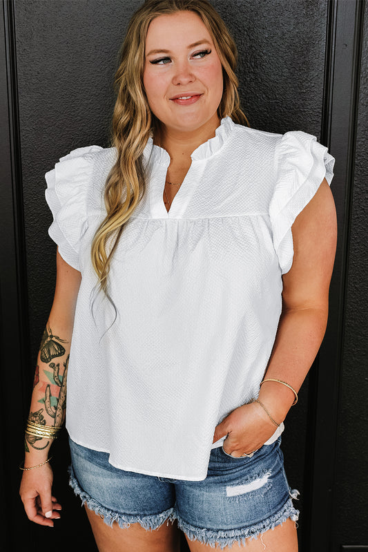 White Textured Ruffled Plus Size Blouse