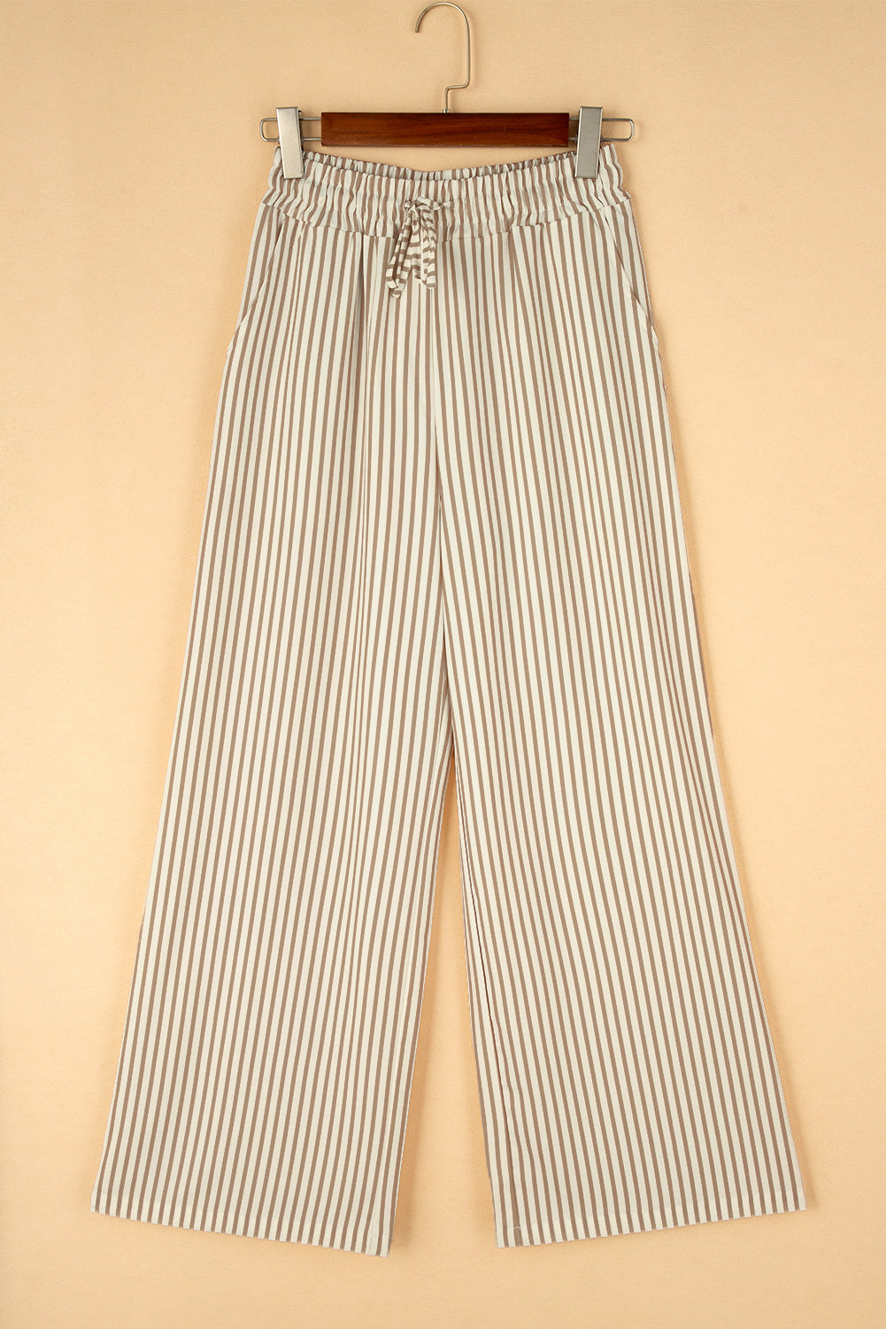 Khaki Striped Print Wide Leg Drawstring Pants