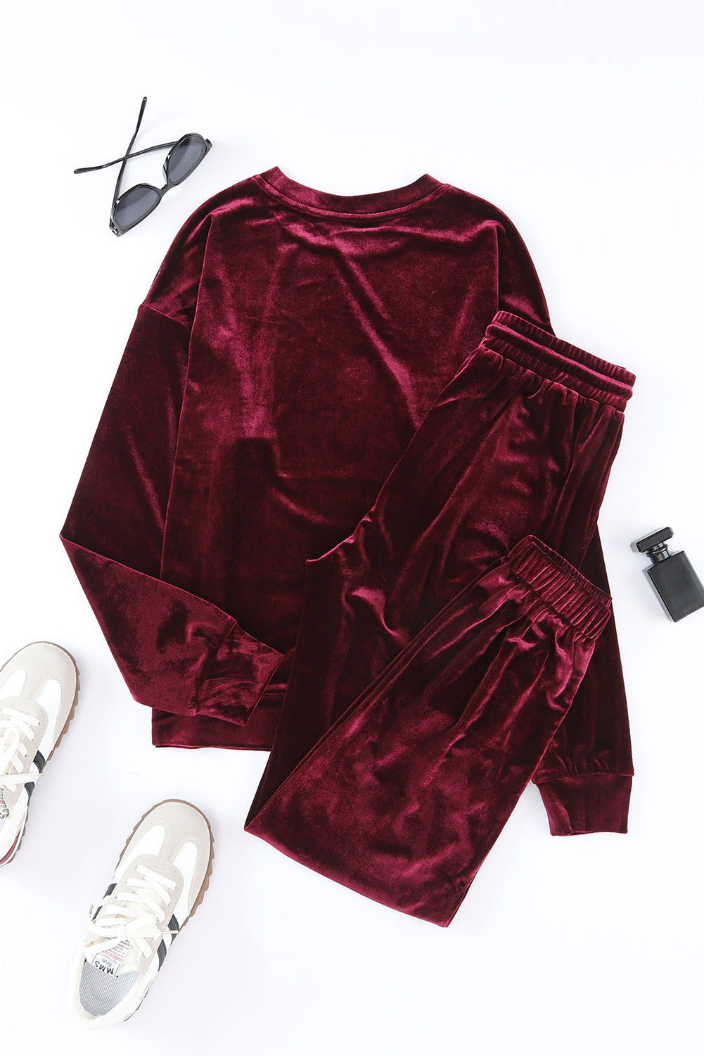 Fiery Red Solid Velvet Two Piece Lounge Set