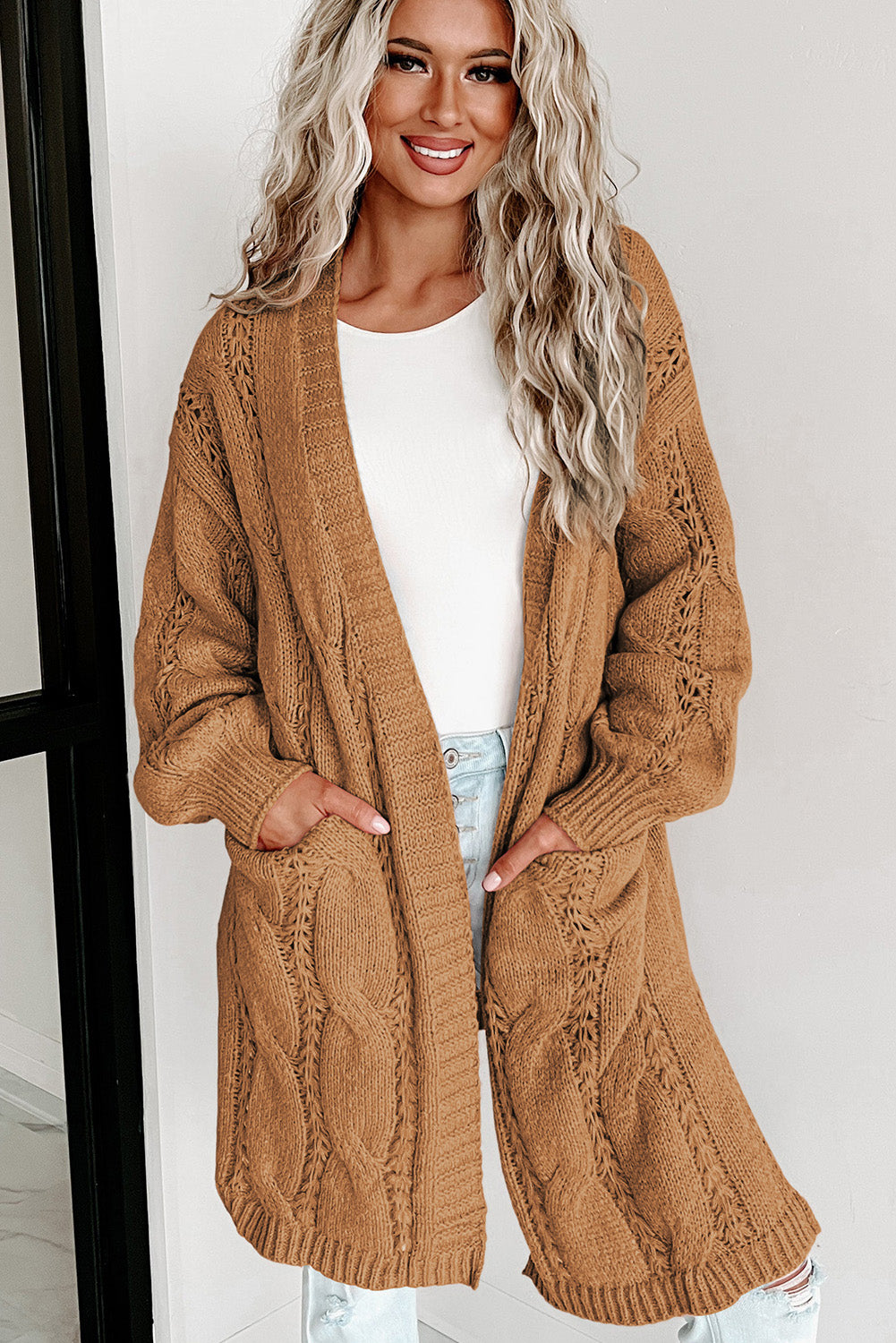 Ribbed Trim Cable Knit Cardigan