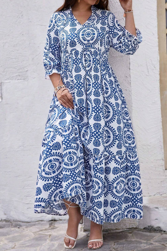 Sky Blue Geometric Print Plus Size Maxi Dress