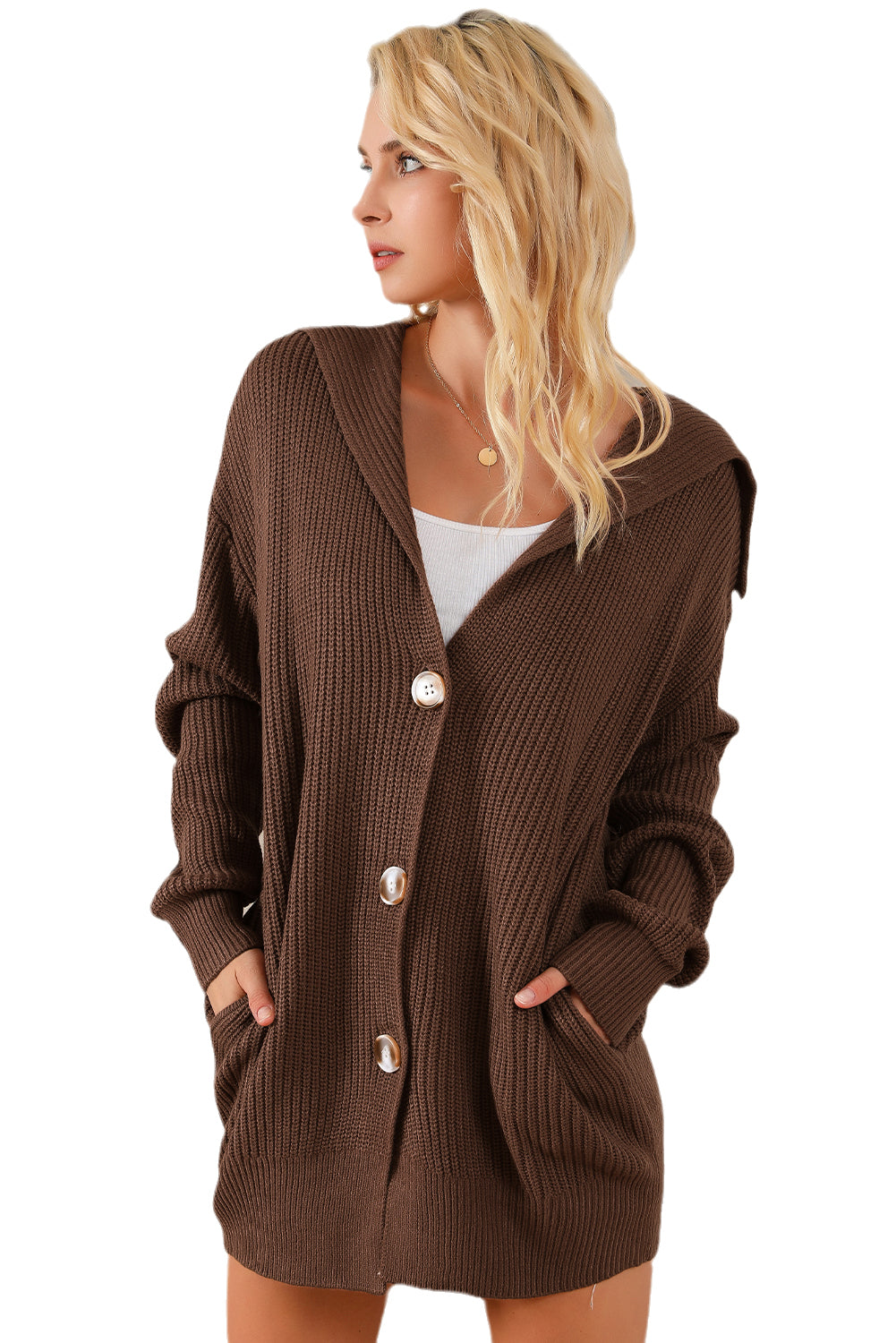 Brown Chunky Lapel Collar Button up Cardigan