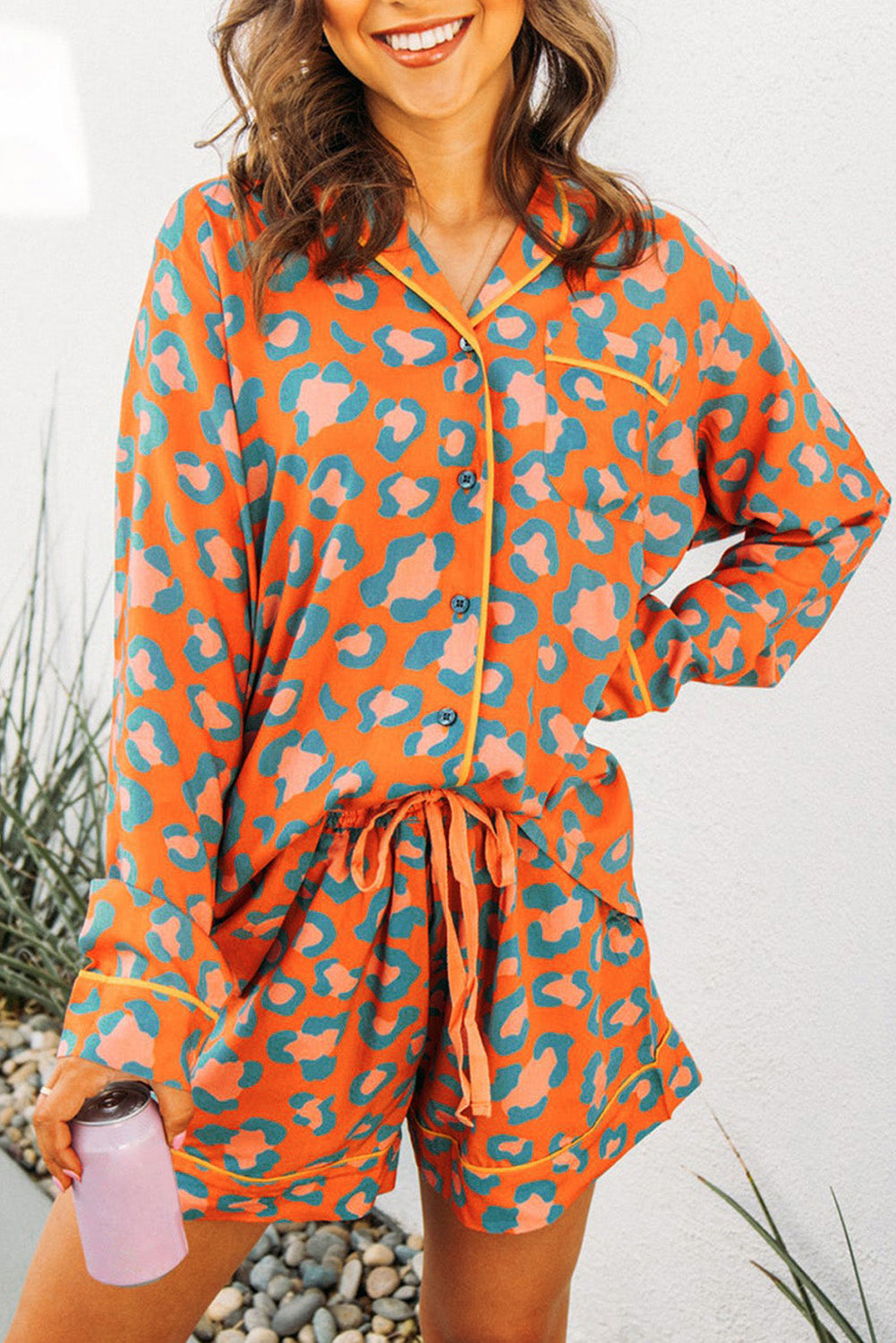 Orange Leopard Print Shorts Loungewear Set