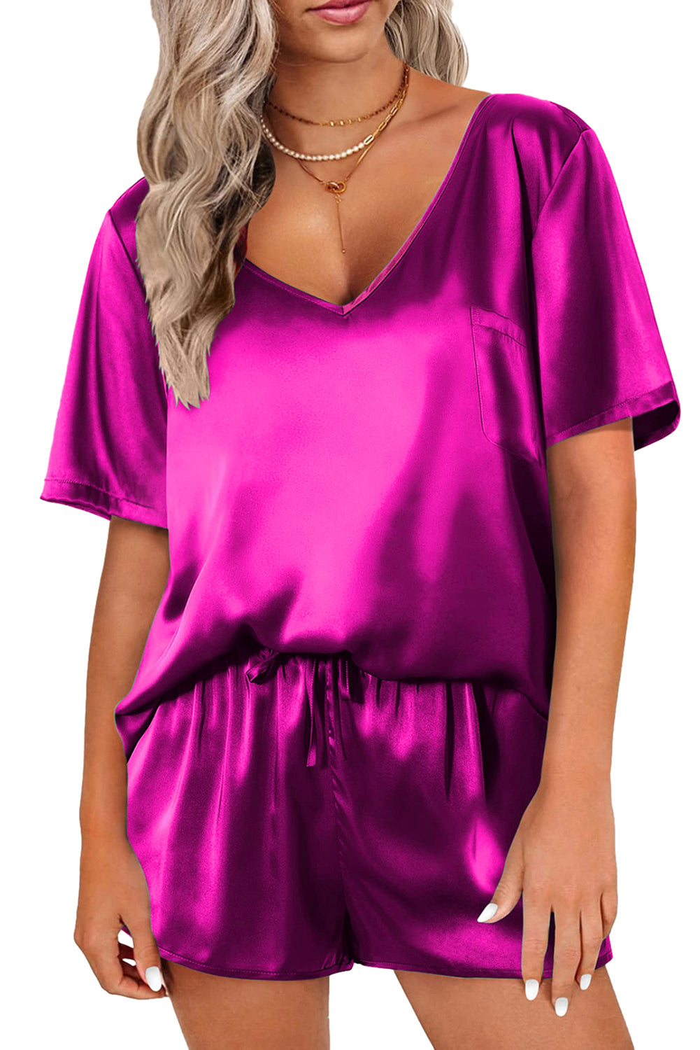 Bright Pink Satin Loungewear Shorts Set