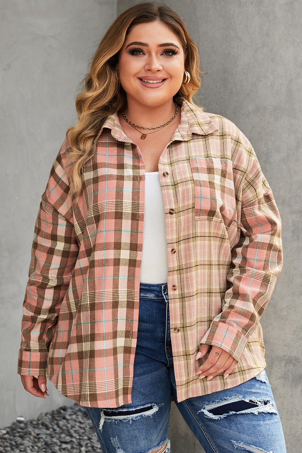 Plus Size Color Block Plaid Long Sleeve Shirt