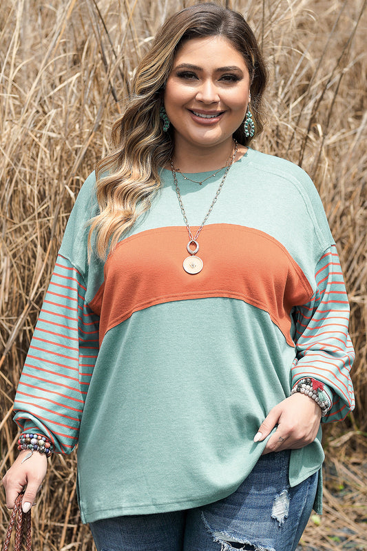 Green Plus Size Striped Colorblock Tee with Slits