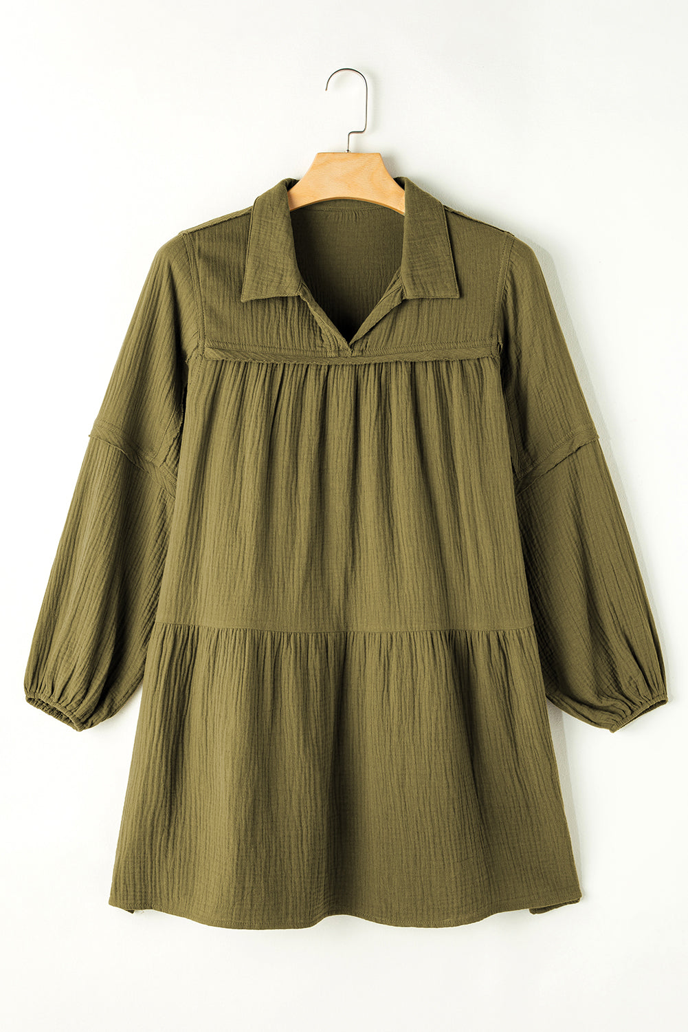 Green Frayed Trim Puff Sleeve Flared Dress