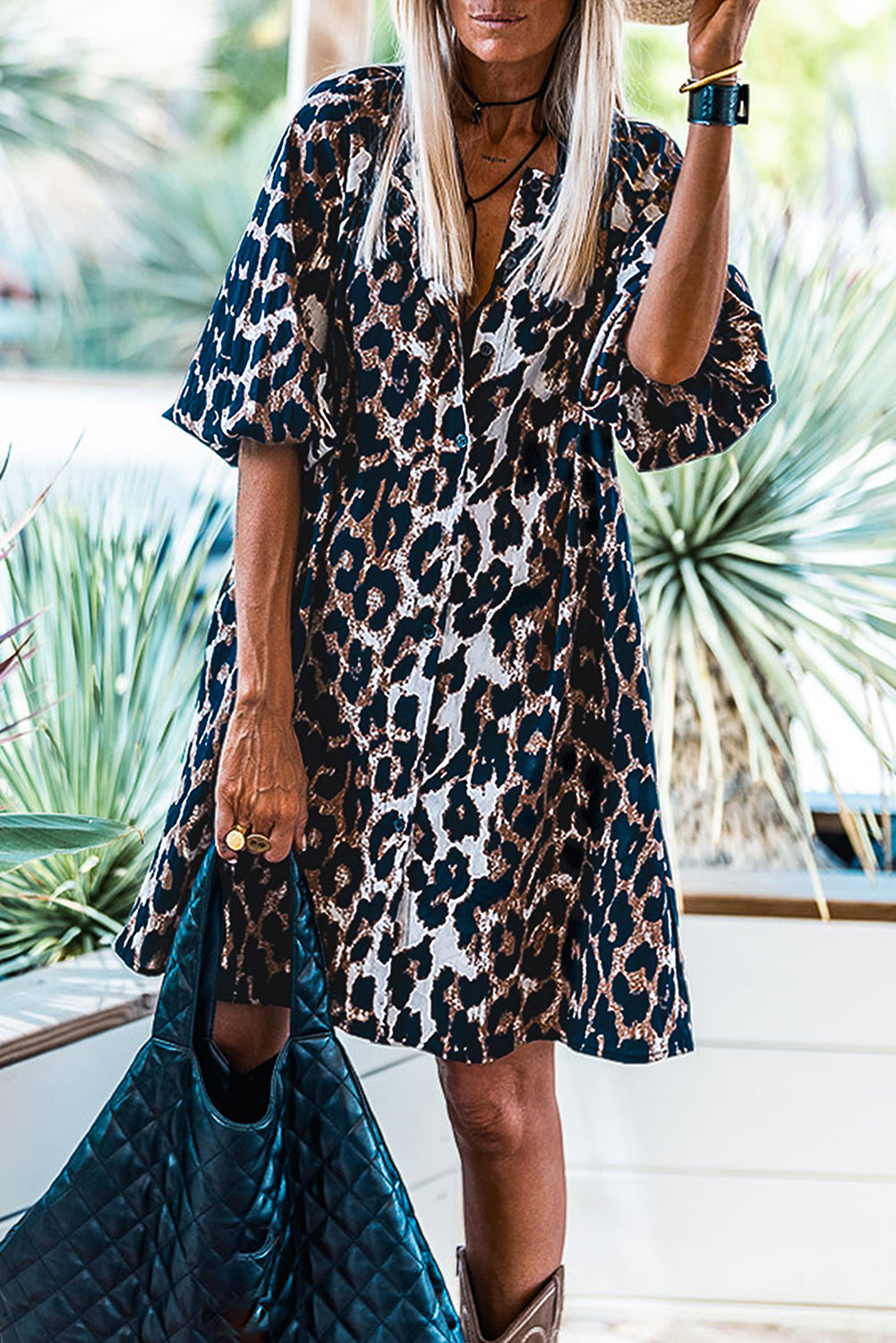 Black Leopard Puff Sleeve Button Front Shirt Dress