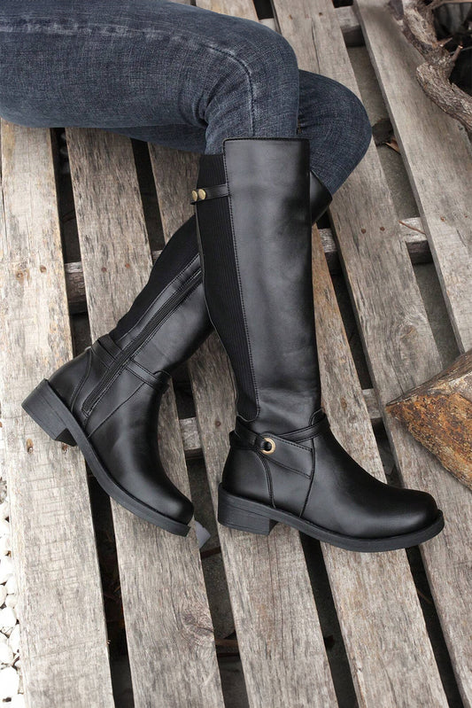 Black Side Zipper Knee High Boots