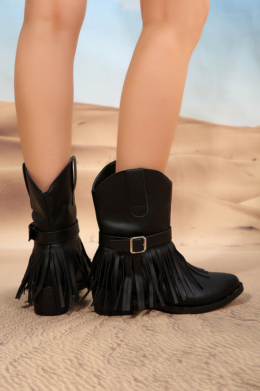 Black Fringed Wide Calf Faux Leather Boots