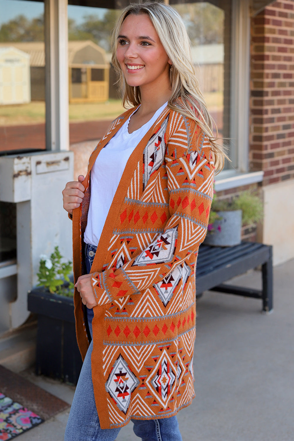 Brown Aztec Geometric Knit Cardigan