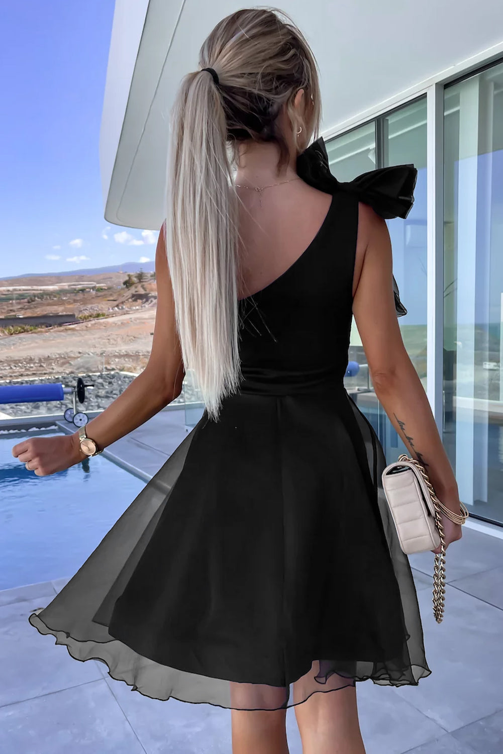 Black Bowtie One-shoulder Overlay Skater Dress