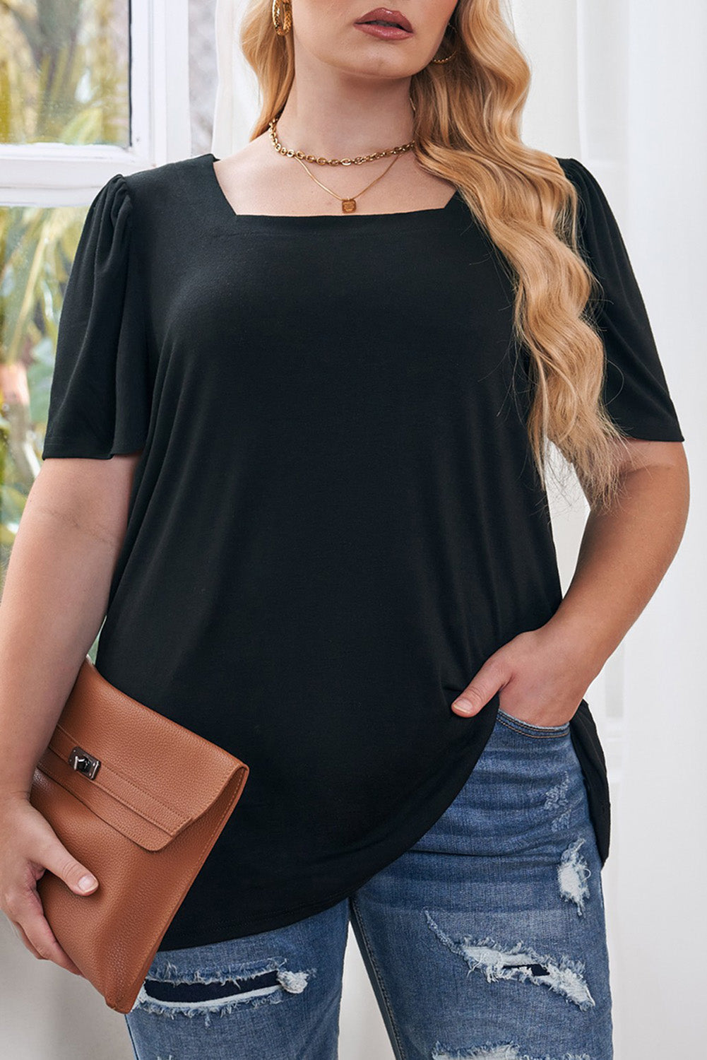 Plus Size  Ruched Shoulder Short Sleeve Top