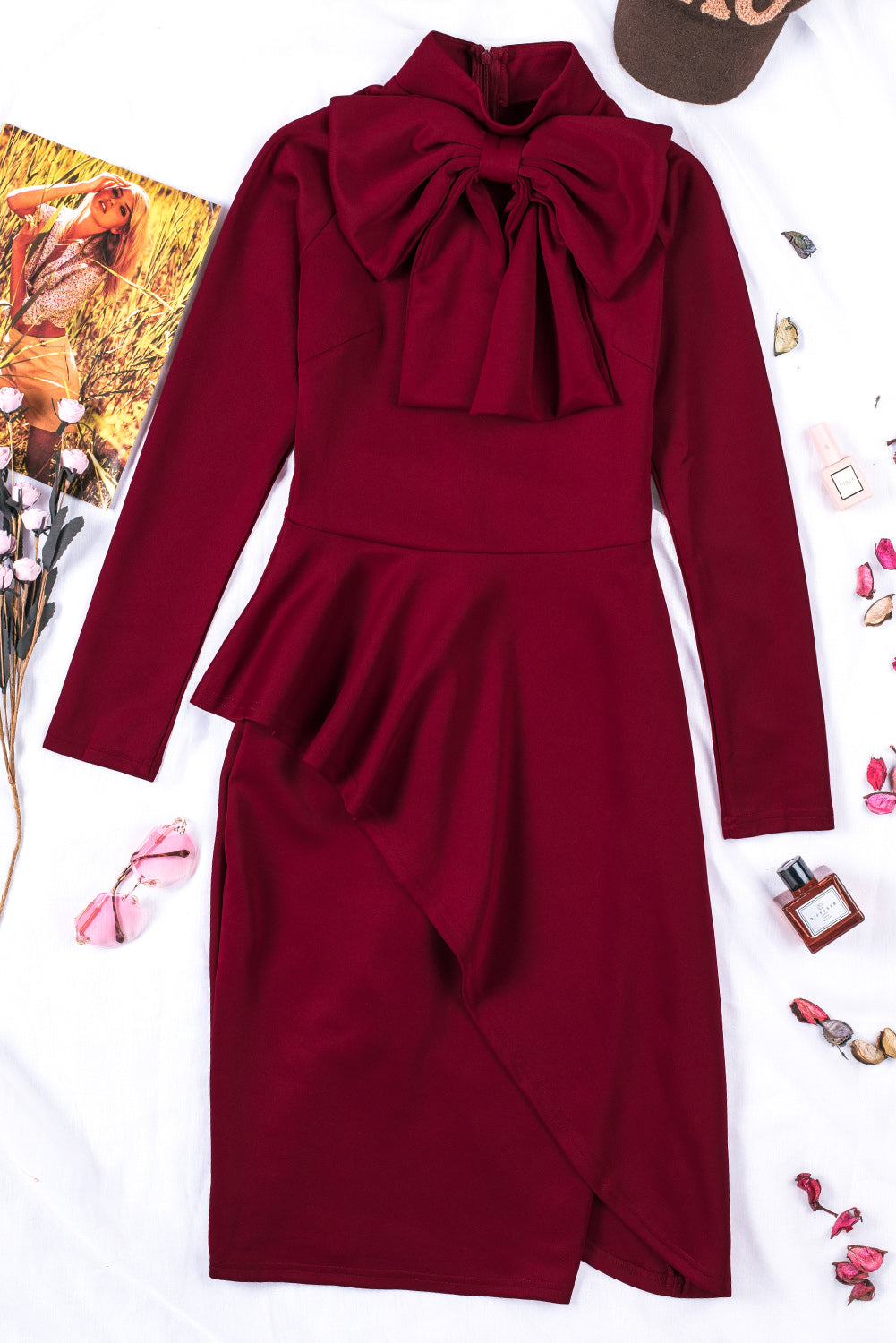 Modest Asymmetric Peplum Style Bow Dress